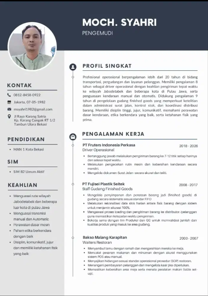 Driver pribadi berpengalaman,, SIM B2umum,, usia 44 tahun