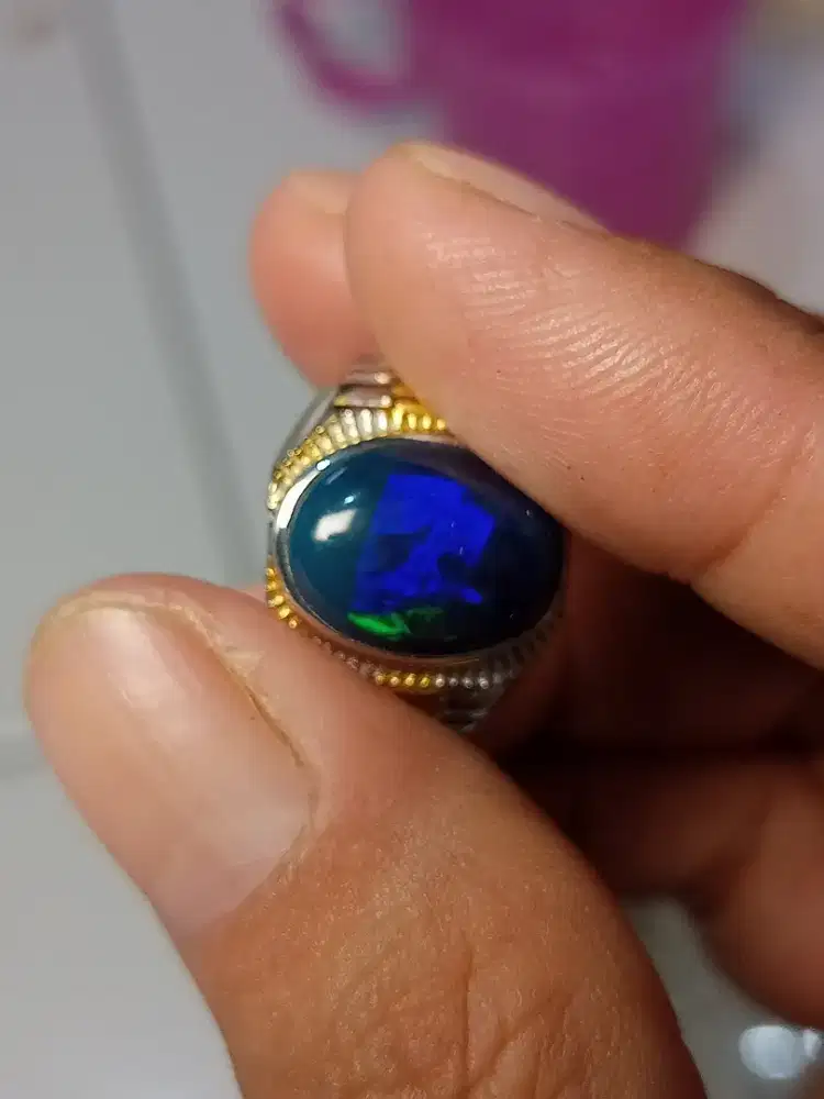 Batu Cincin Akik Permata Natural Black Opal Kembang Biru