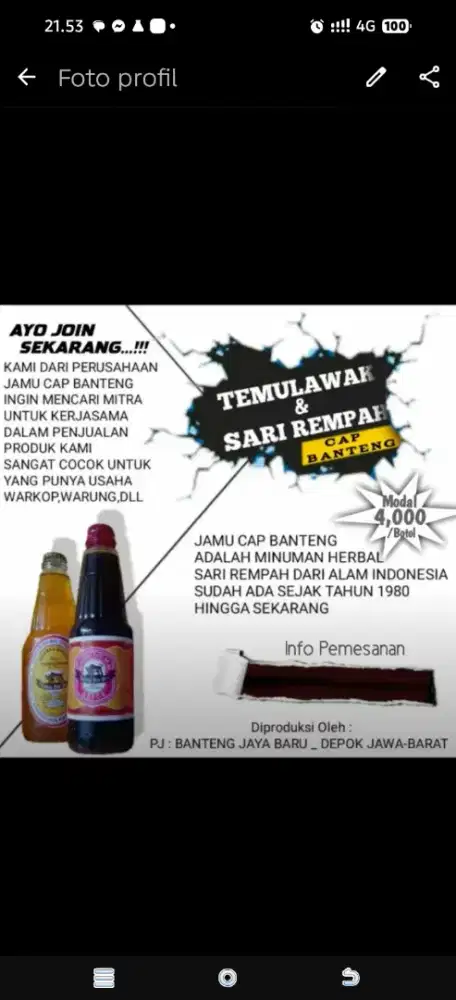 Minuman segar sariakar Temulawak coffe bear