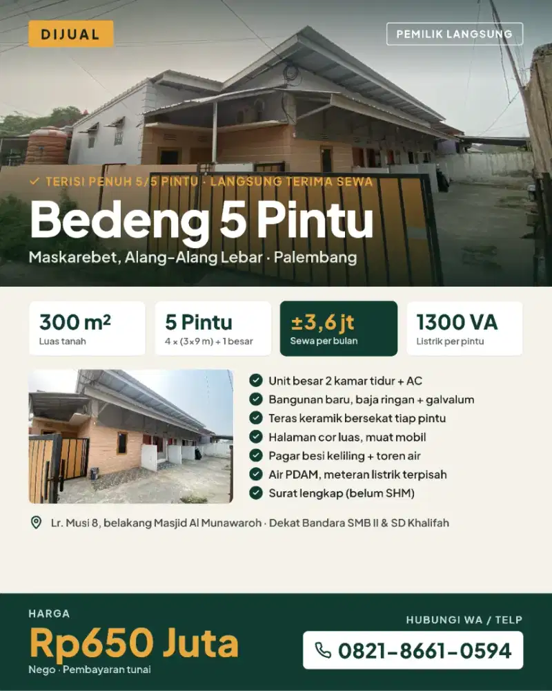 Dijual Bedeng 5 Pintu Terisi Penuh Maskarebet Palembang LT 300m²