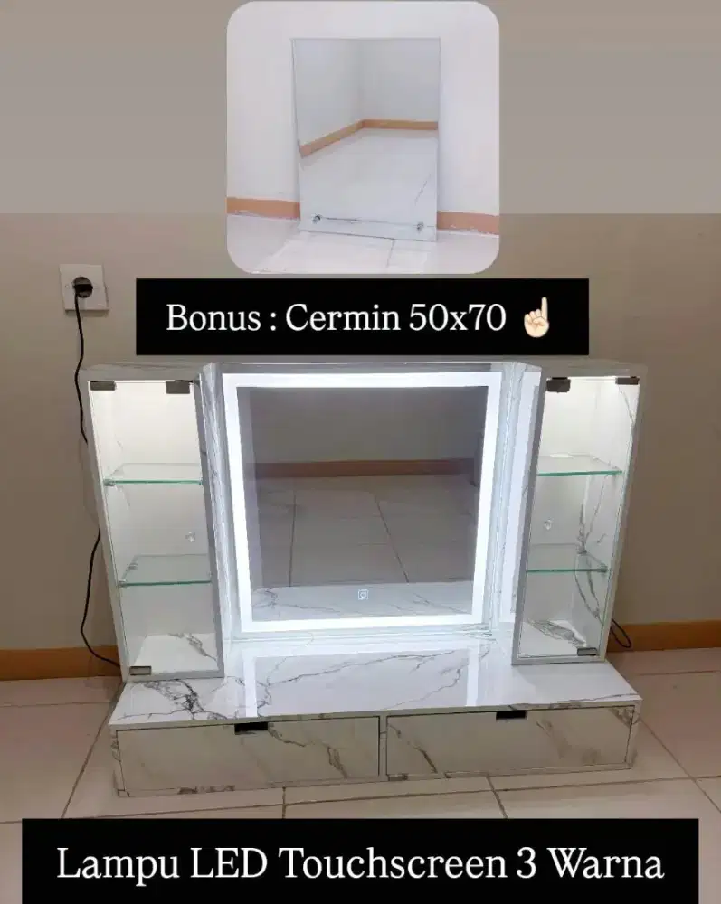 100x35 Meja Rias Gantung Touchscreen Lampu 3 Warna Cermin Rias