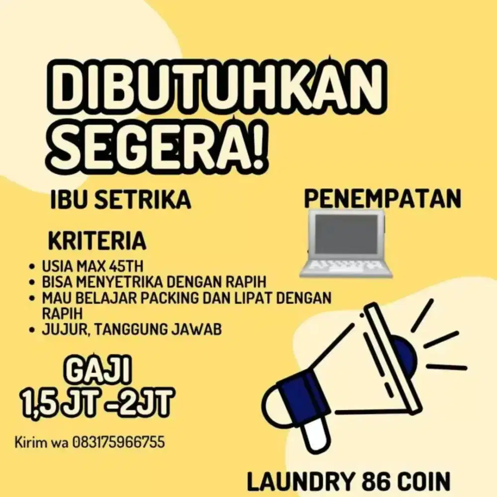 Cari karyawan laundry bagian setrika. Kasir+nyuci