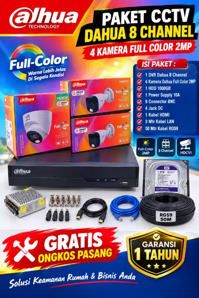 paket cctv dahua 8 channel 4 kamera full color 2mp