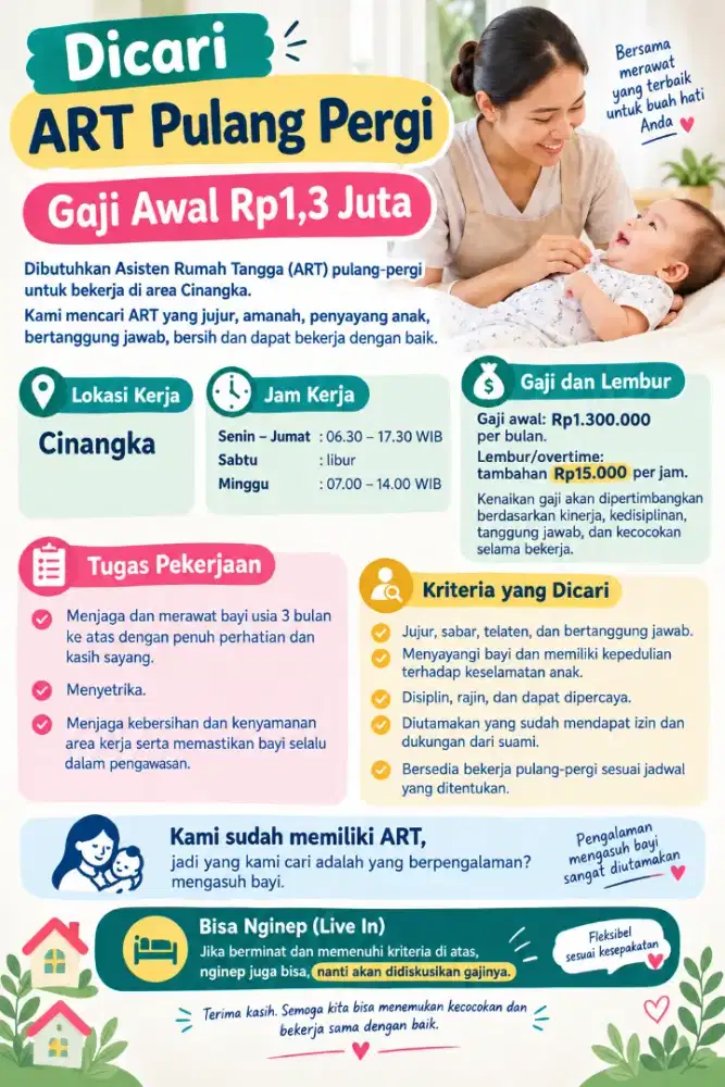 Dicari ART Pulang Pergi / Menginap untuk Jaga Bayi - Cinangka