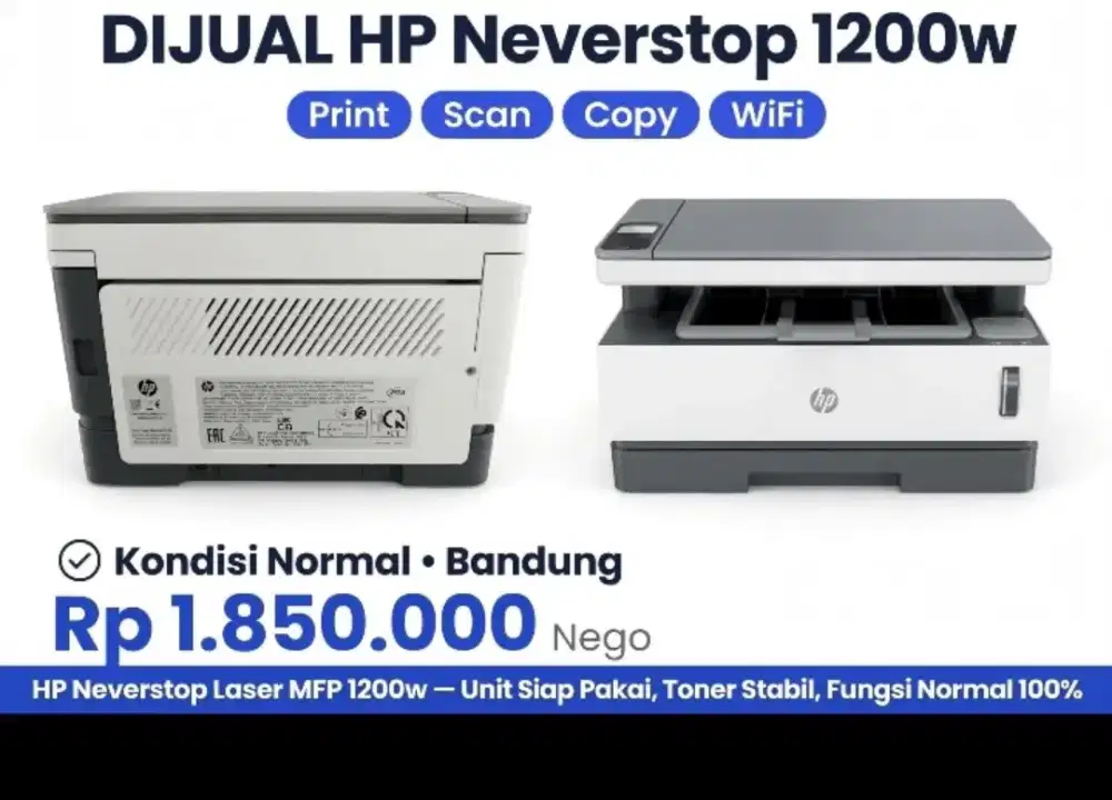 Di jual printer HP NEVERSTOP laser MFP 1200w print scan copy wifil