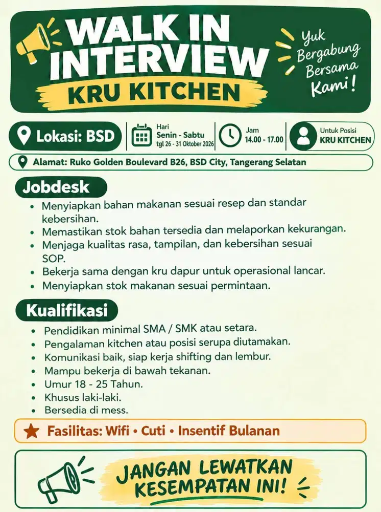 Walk in Interview Kru Kitchen Cabang BSD dan Setiabudi