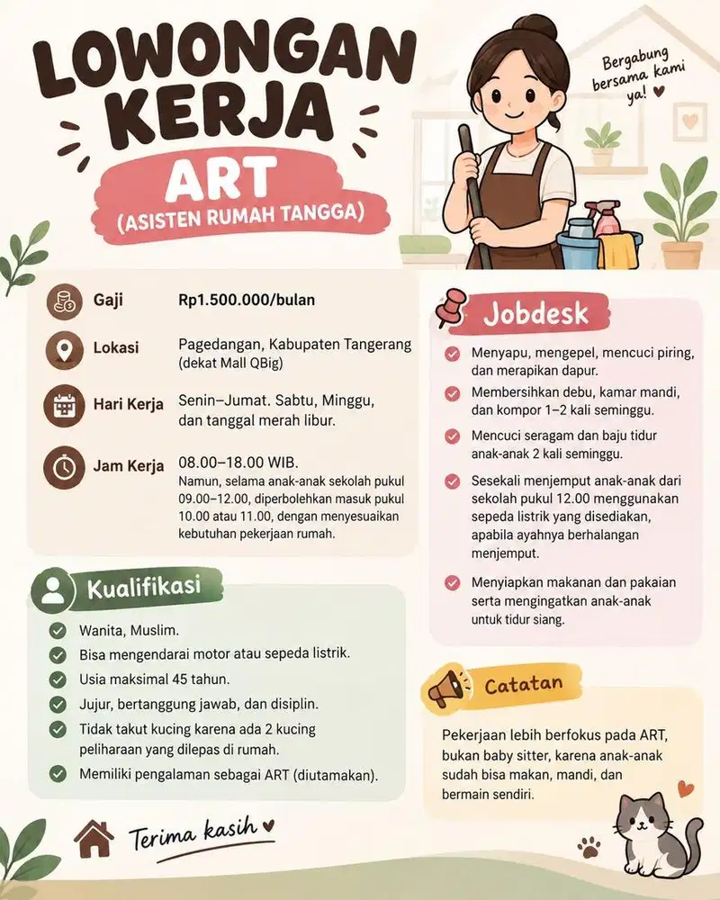 LOWONGAN KERJA ART (ASISTEN RUMAH TANGGA) – PULANG PERGI (PP)