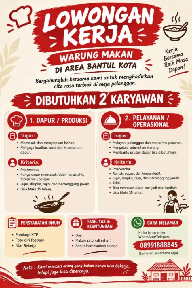 Dibutuhkan Dapur/produksi dan Pelayanan/Operasional