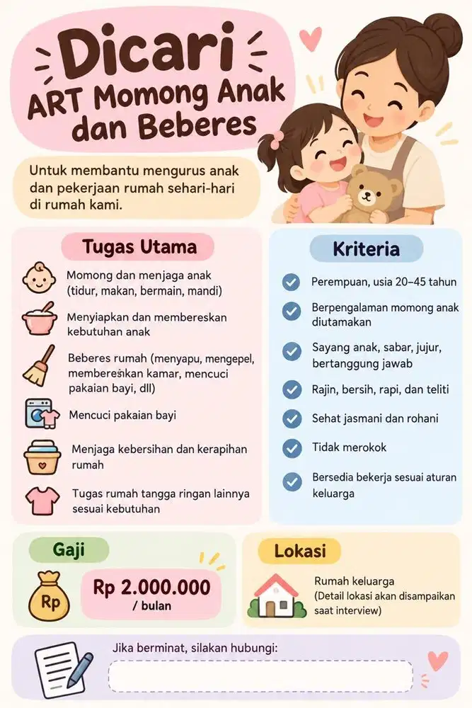 Majikan langsung. Dicari ART Momong anak 1 tahun dan beberes. Gaji 2jt