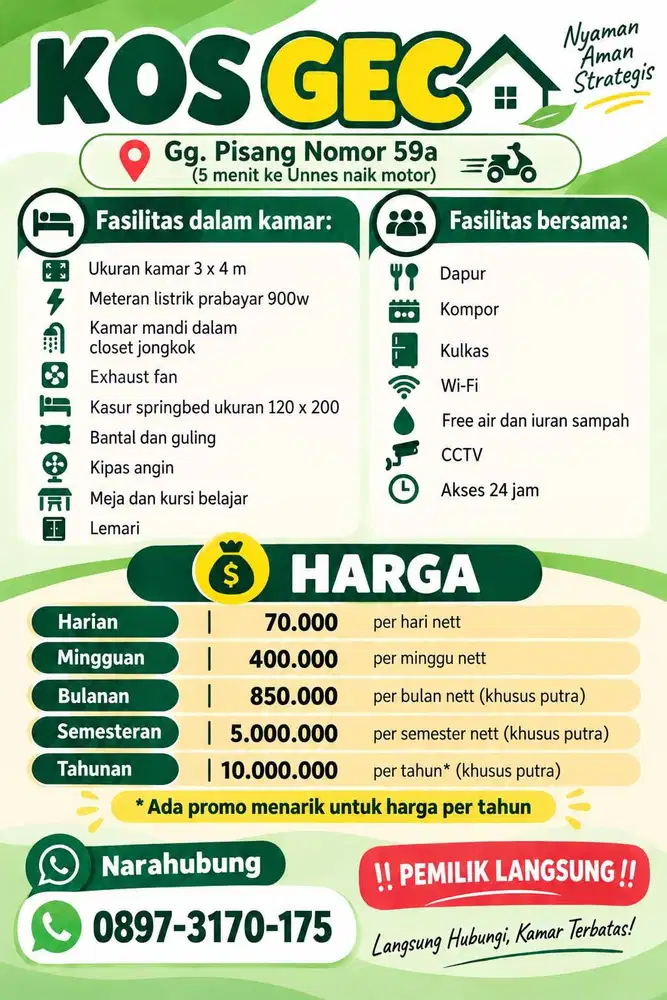 Kost Putra/Campur Muhrim dekat UNNES