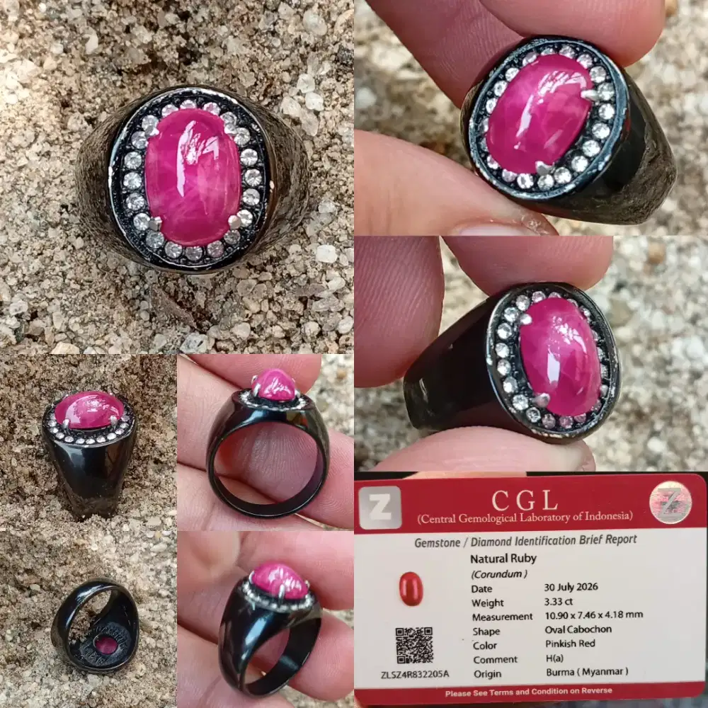 Ruby Birma 3.33 ct ha memo CGL ring Titanium Hitam