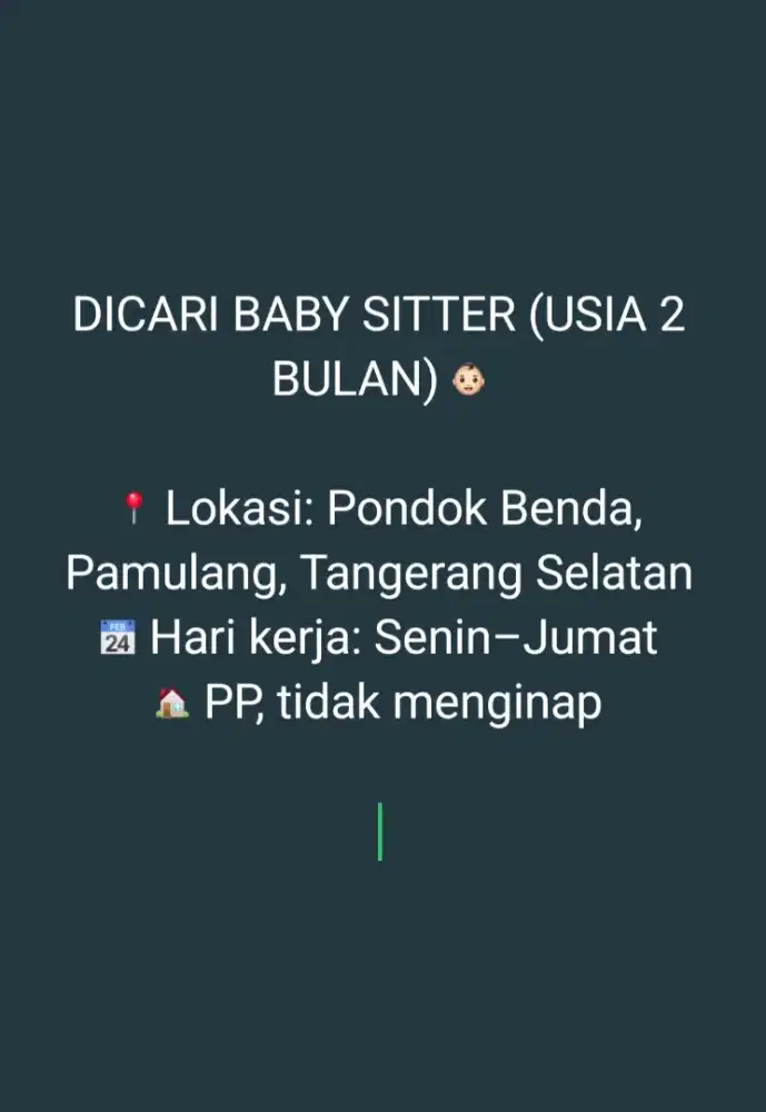 Dicari Babby Sitter (Pamulang, Tangerang Selatan)