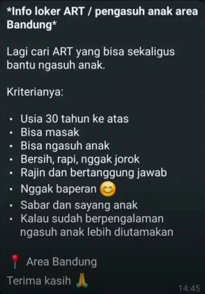 **INFO LOKER ART / PENGASUH ANAK AREA BANDUNG**