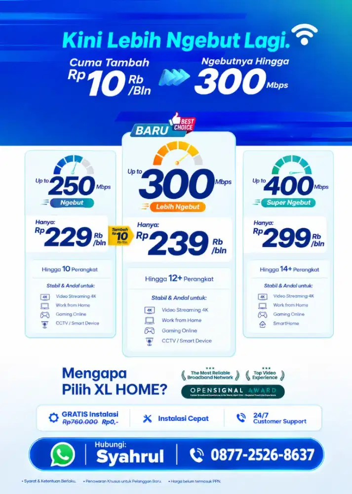 Pasang WiFi XL FWA Tanpa kabel & kabel optik, Area Bdg, Cimahi& KabBdg