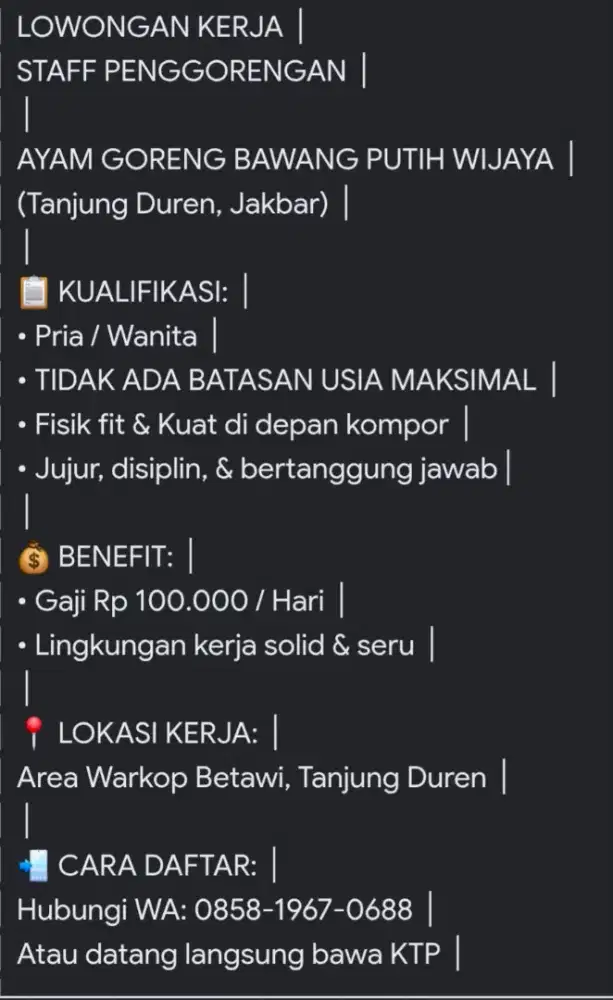Dibutuhkan Staff untuk di bagian Penggorengan