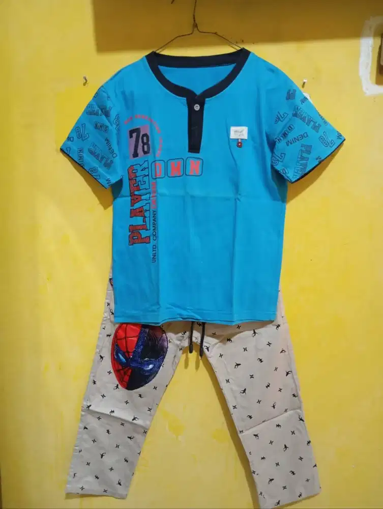 Kaos Anak Lengan Pendek & Celana Panjang Motif Spiderman Mulus