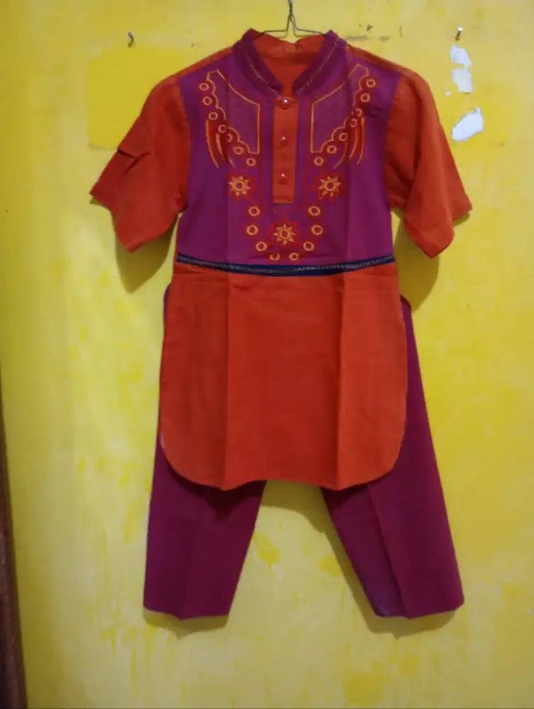 Baju Koko Anak Muslim Lengan Pendek (Merah Bata/Ungu) & Celana panjang