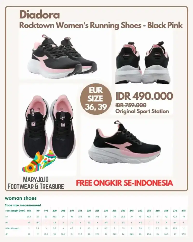 Diadora Rocktown Women's Running Shoes - Black Pink : Size 36, 37