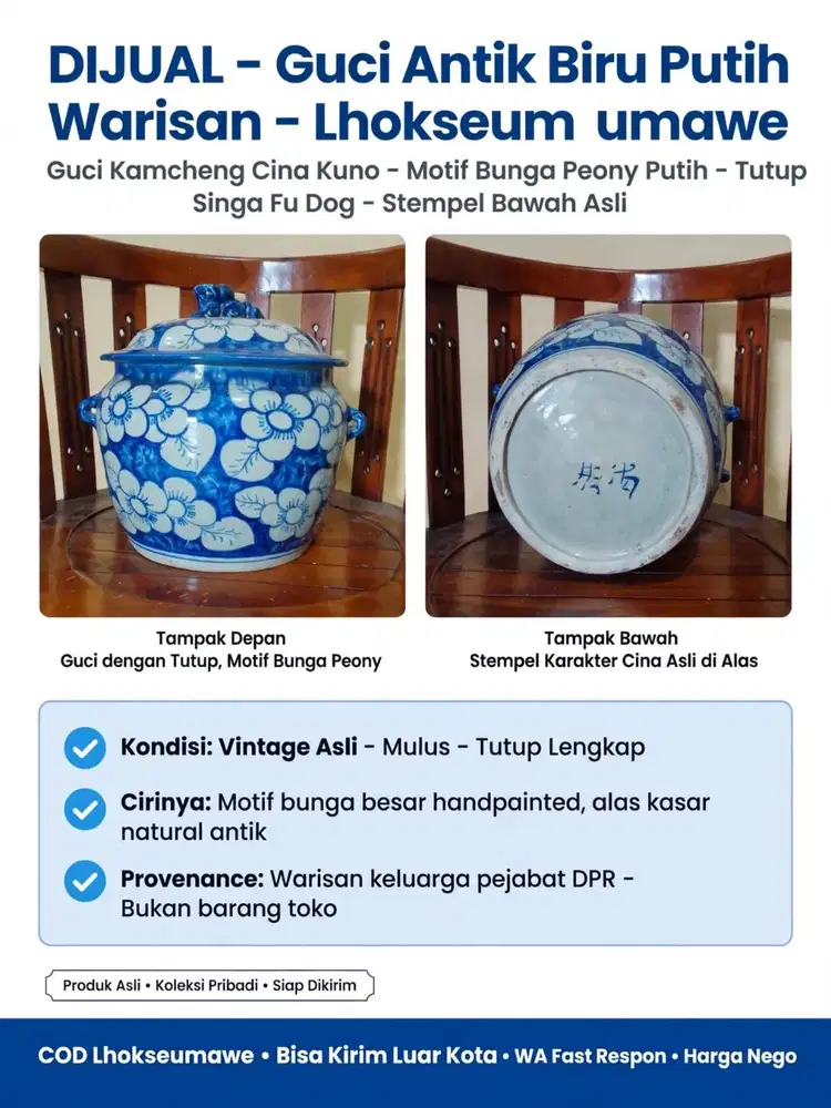 DIJUAL - Guci Antik Biru Putih Kamcheng Warisan - Motif Peony - Lhokse
