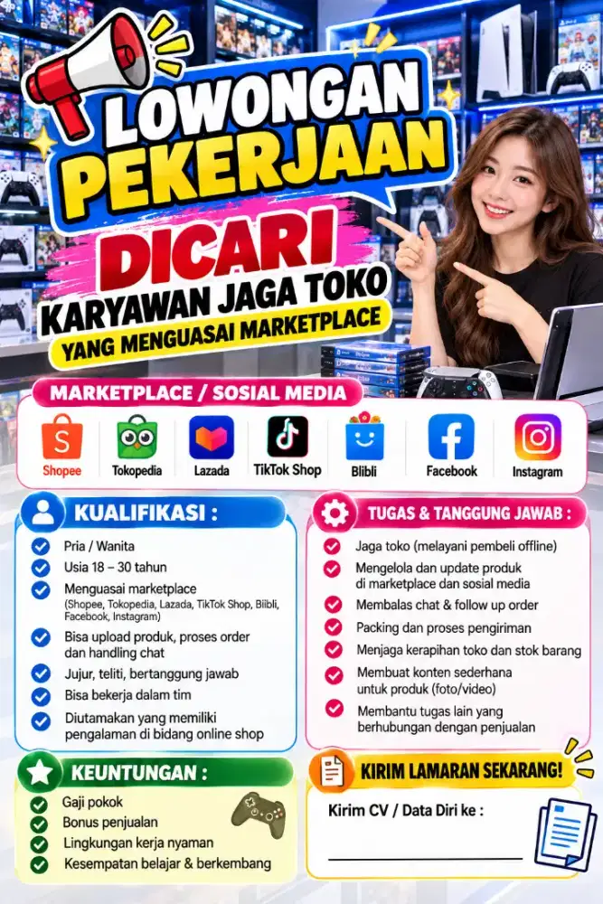 Dicari karyawan jaga toko dan menguasai marketplace