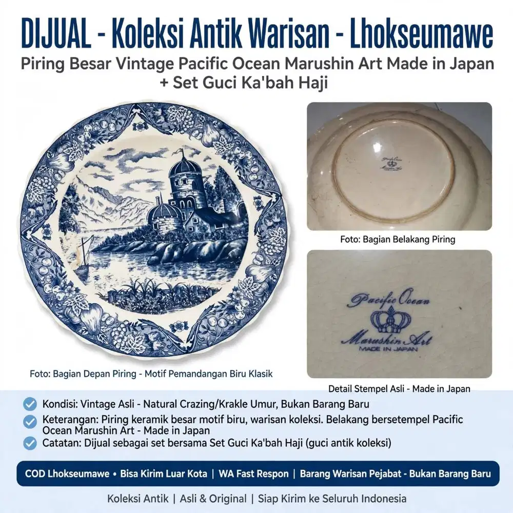 DIJUAL - Piring Antik Besar Pacific Ocean Marushin Art Made in Japan -