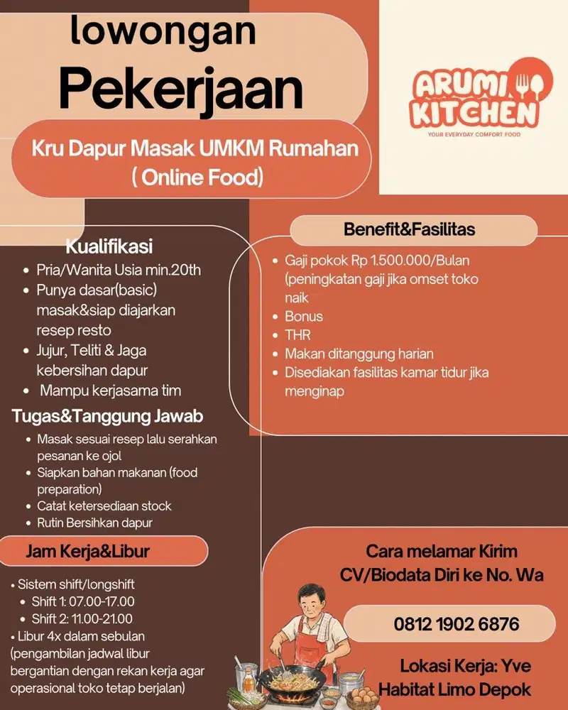 Dibutuhkan Segera: Kru Dapur Masak UMKM Rumahan, Arumi Kitchen Limo