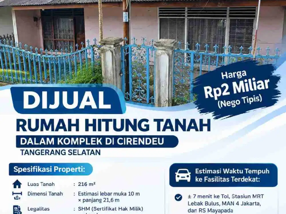DIJUAL RUMAH HITUNG TANAH DALAM KOMPLEK DI CIRENDEU TANGERANG SELATAN