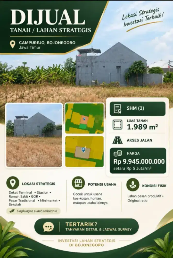 Dijual Tanah Komersial Lahan Strategis SHM Luas 1.989 Meter Persegi