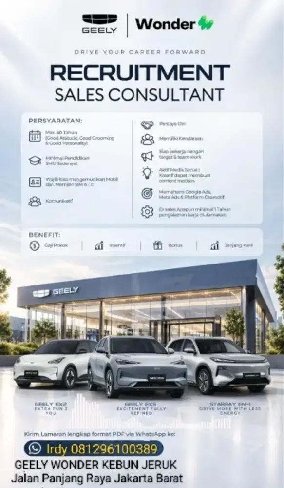 URGENT DICARI SELES CONSULTANTS OTOMATIF GEELY