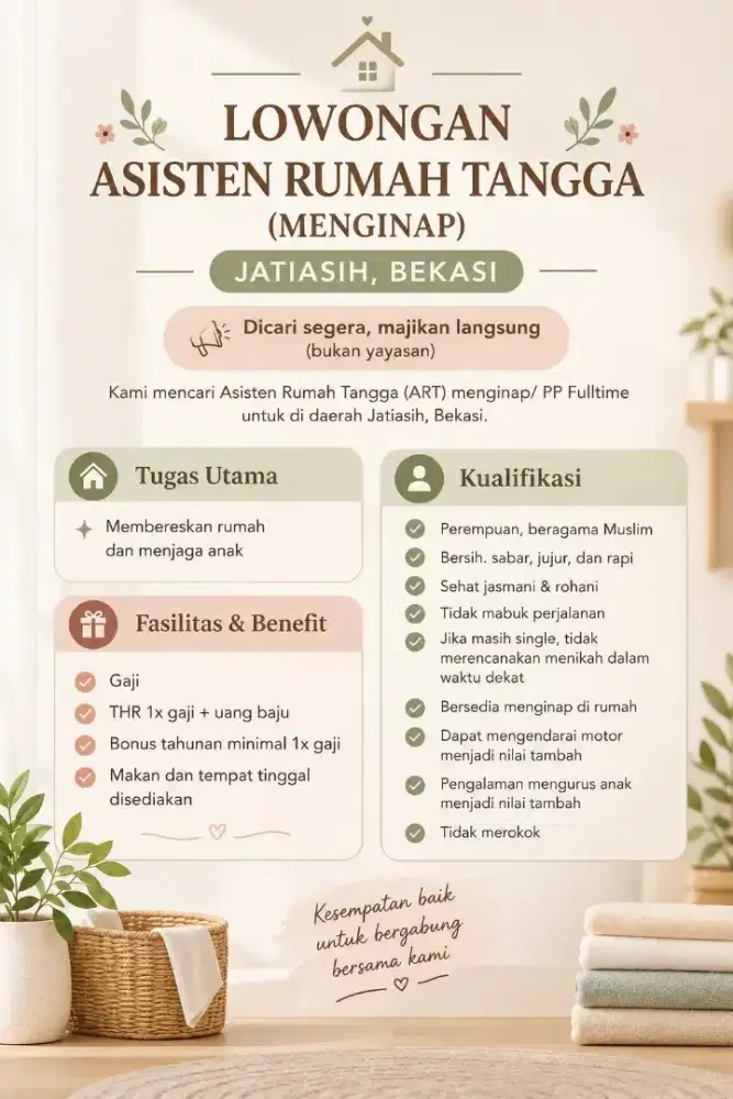 Dicari Asisten Rumah Tangga Jatiasih