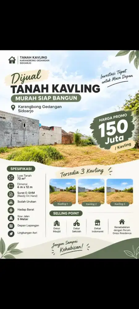 TANAH KAVLING SIAP BANGUN GEDANGAN DEKET JALAN RAYA