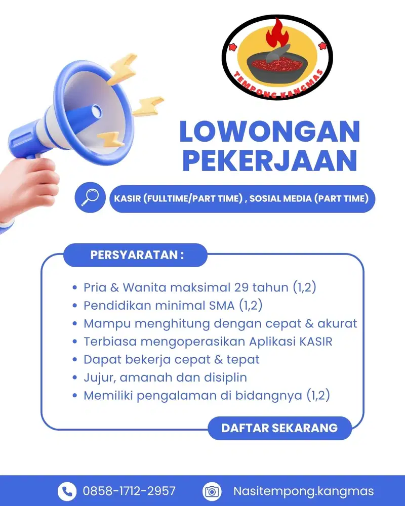 Dibutuhkan 1 Kasir & 1 Admin Sosial media