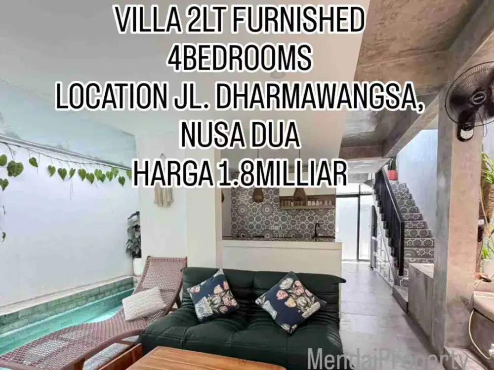 Jual Murah Villa 2lt Frunished Lokasi Jl Dharmawangsa Kutuh Zona Kuning cocok untuk Investasi dekat pantai