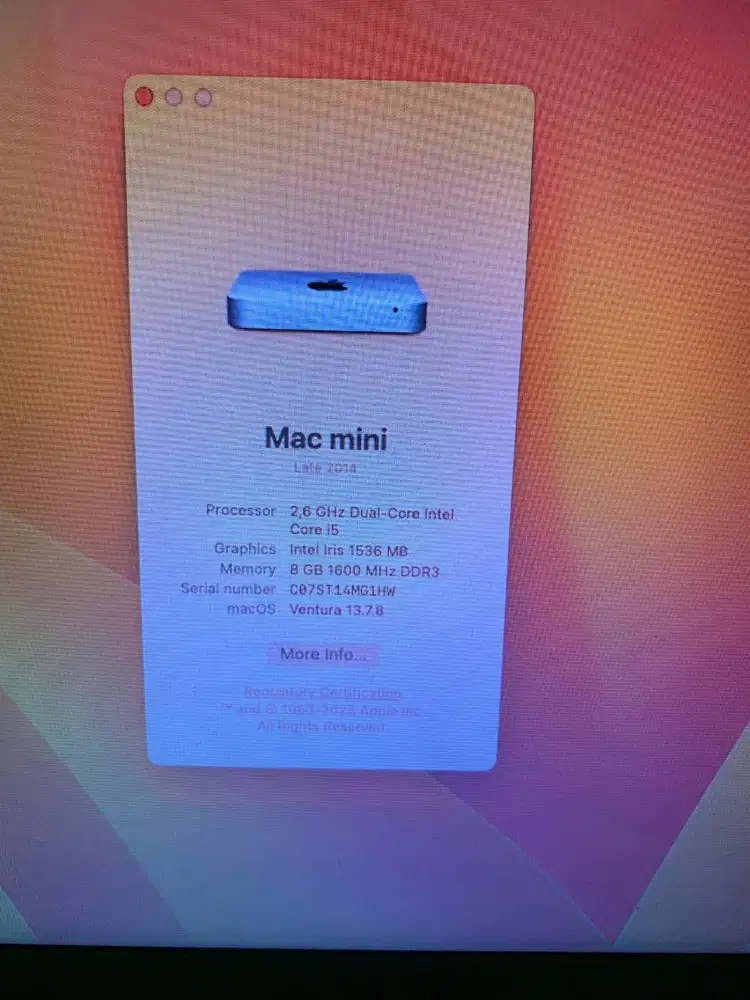 Apple Mac Mini 2014 OS Ventura