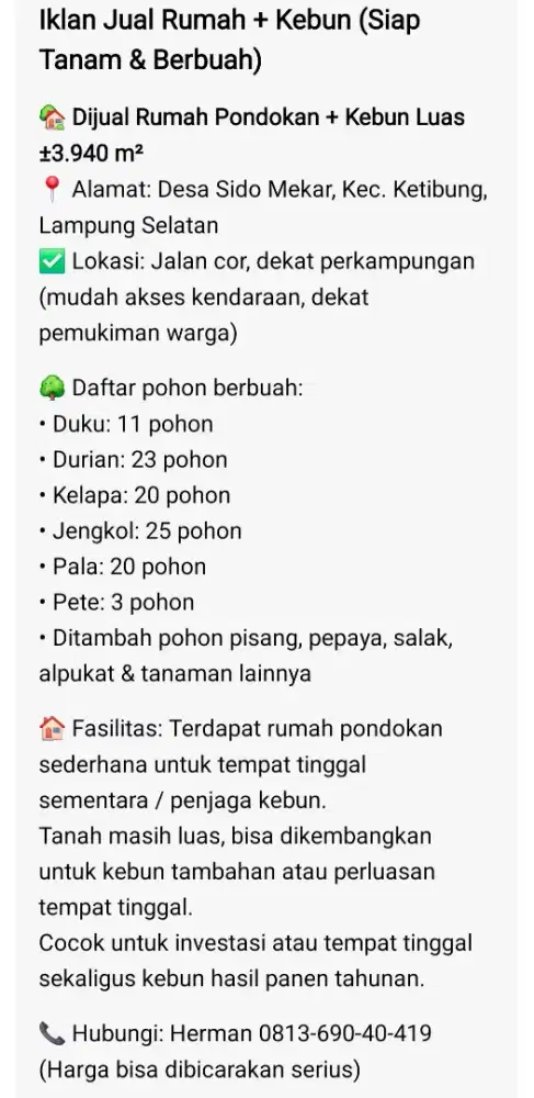 Rumah pondokan dan tanah kebun