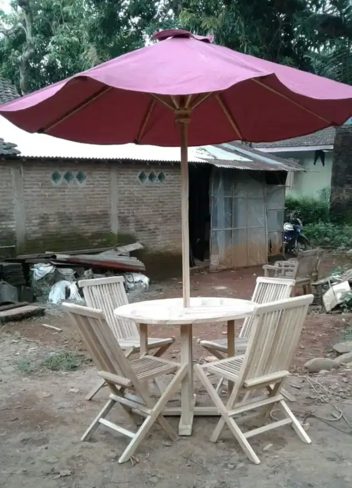 Tenda minimalis,payung jati,meja bulat,kursi cafe,kursi santai