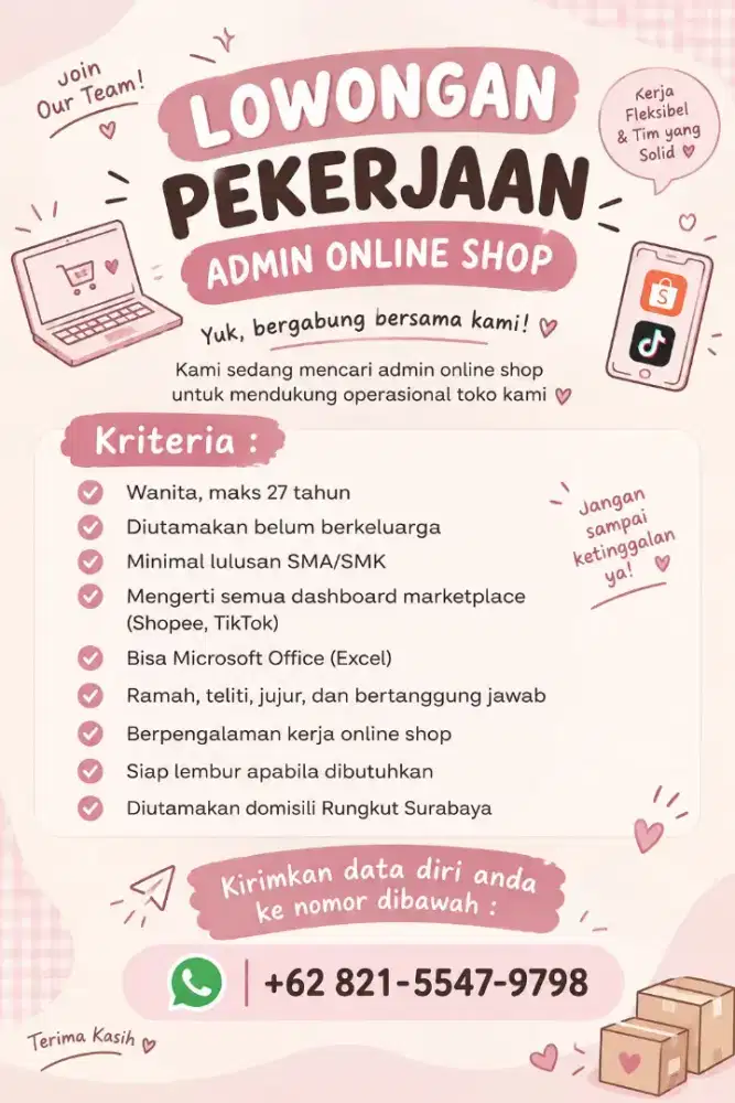 DIBUTUHKAN SEGERA
STAFF ADMINISTRASI PEREMPUAN