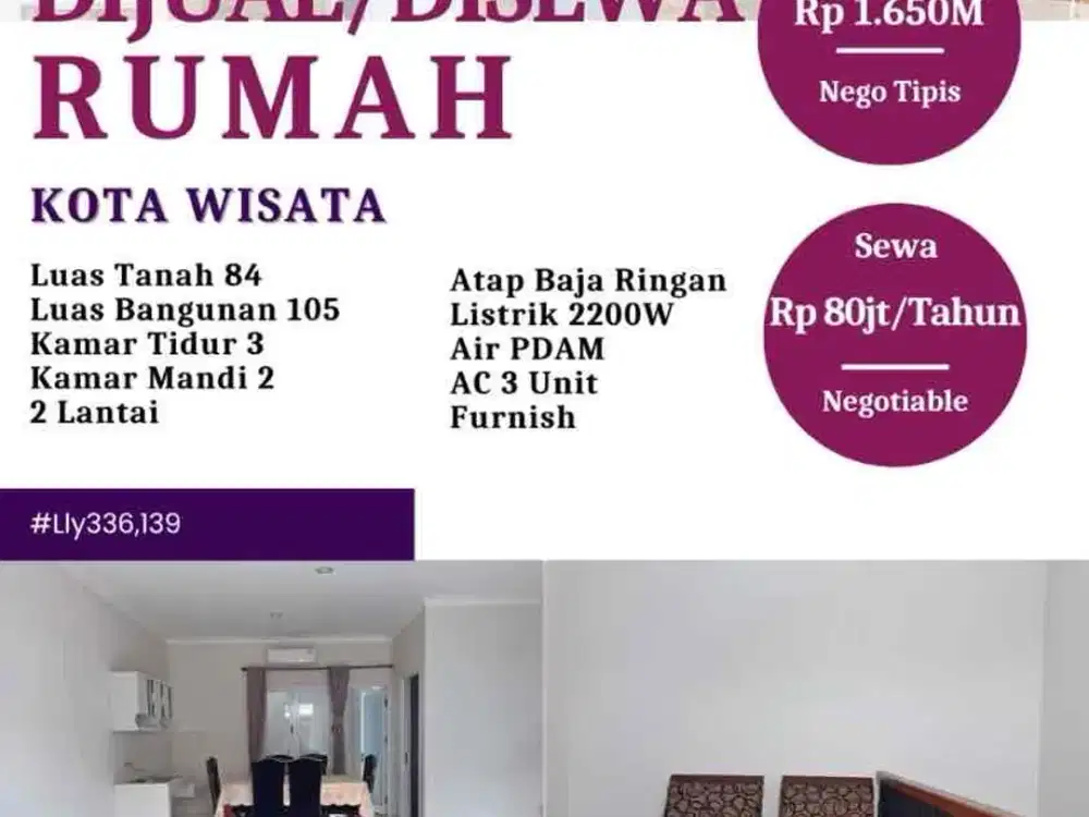 Tersedia rumah rapih bersih untuk dijual di perumahan kota wisata