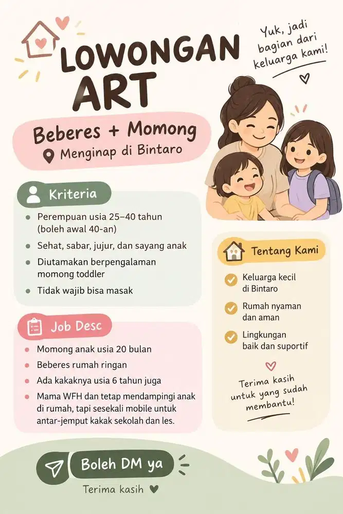 Lowongan ART + Momong menginap Bintaro