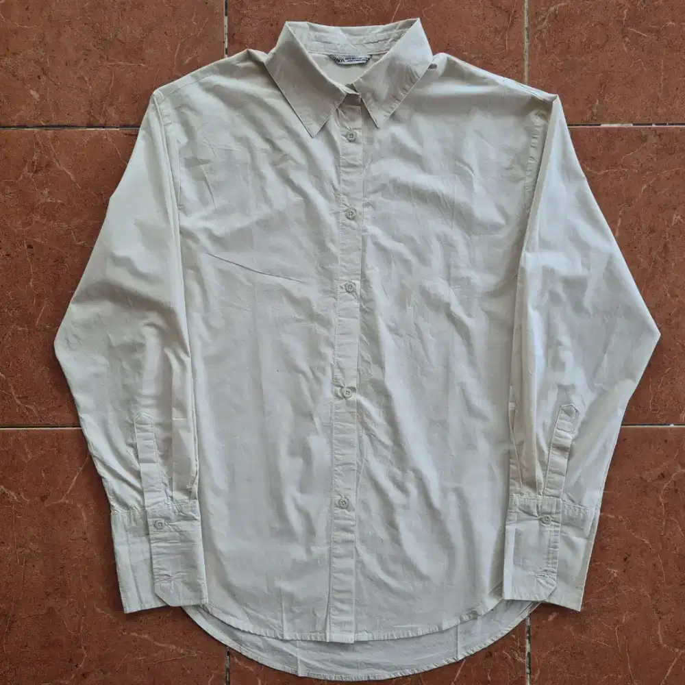 Zara Popeline Basic Shirt Women Off White Original Kemeja Kaos Wanita