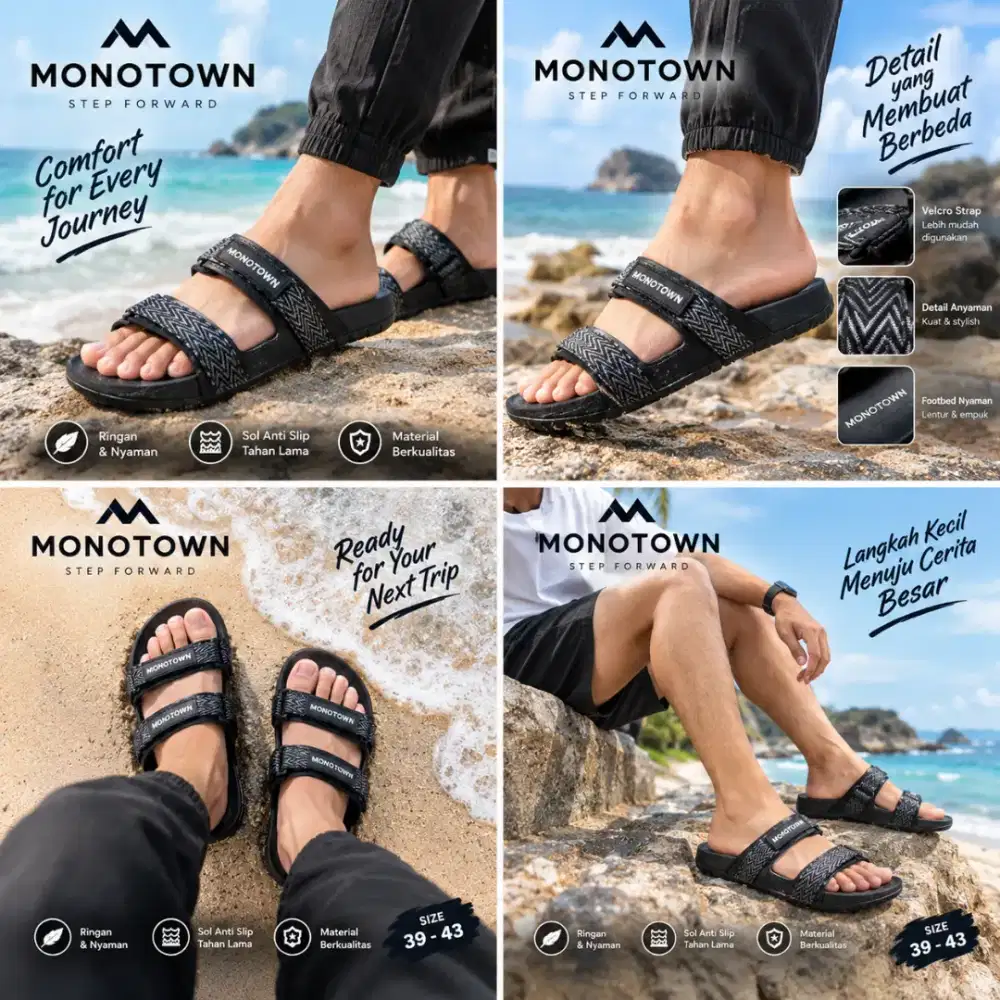 Sandal Pria MONOTOWN Abu-abu Model Sporty dengan Strap Perekat