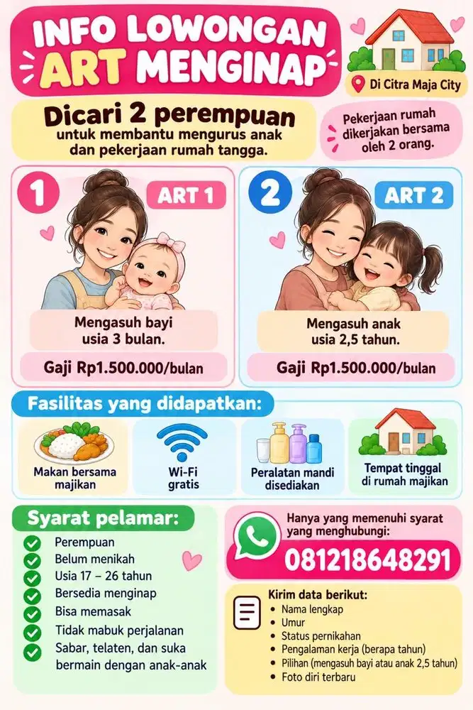 Dicari 2 orang ART+momong Menginap