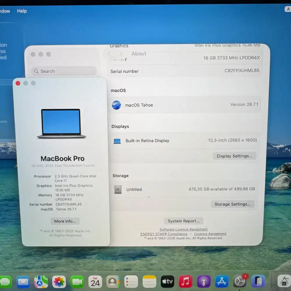 Macbook Pro 2020 13 Inch Ram 16 Ssd 512 Core I7 lengkap full set Grey