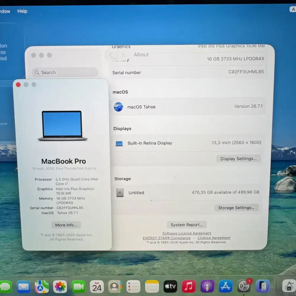 Macbook Pro 2020 13 Inch Ram 16 Ssd 512 Core I7 lengkap full set Grey