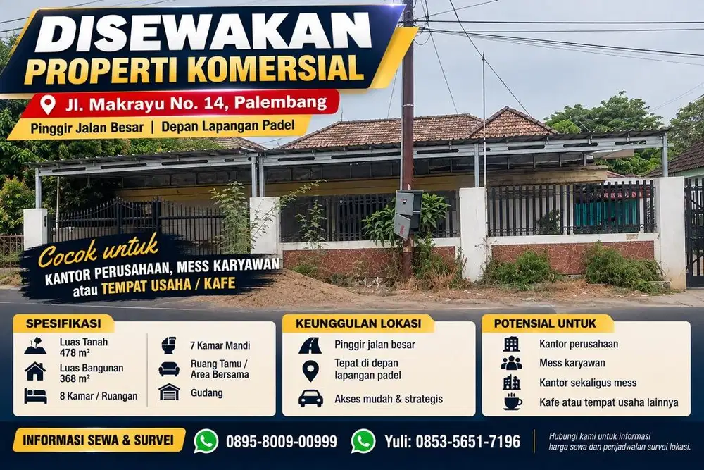 Disewakan bangunan 368m2 untuk kantor & mess - makrayu palembang