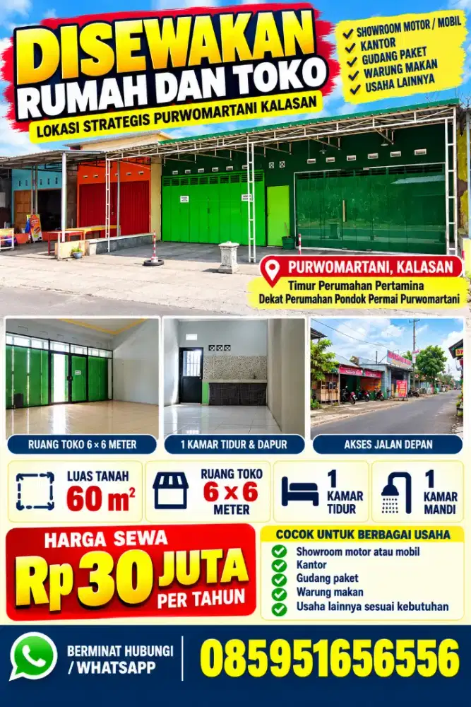 Disewakan rumah dan toko jl Abiyoso Purwomartani cocok untuk kantor