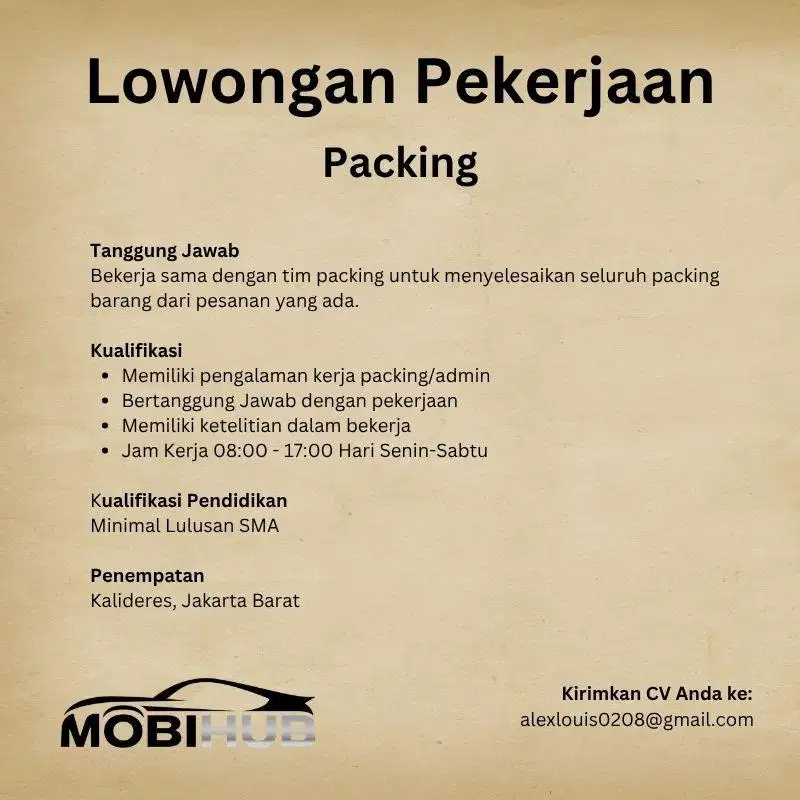 LOWONGAN KERJA PACKING KALIDERES JAKARTA BARAT