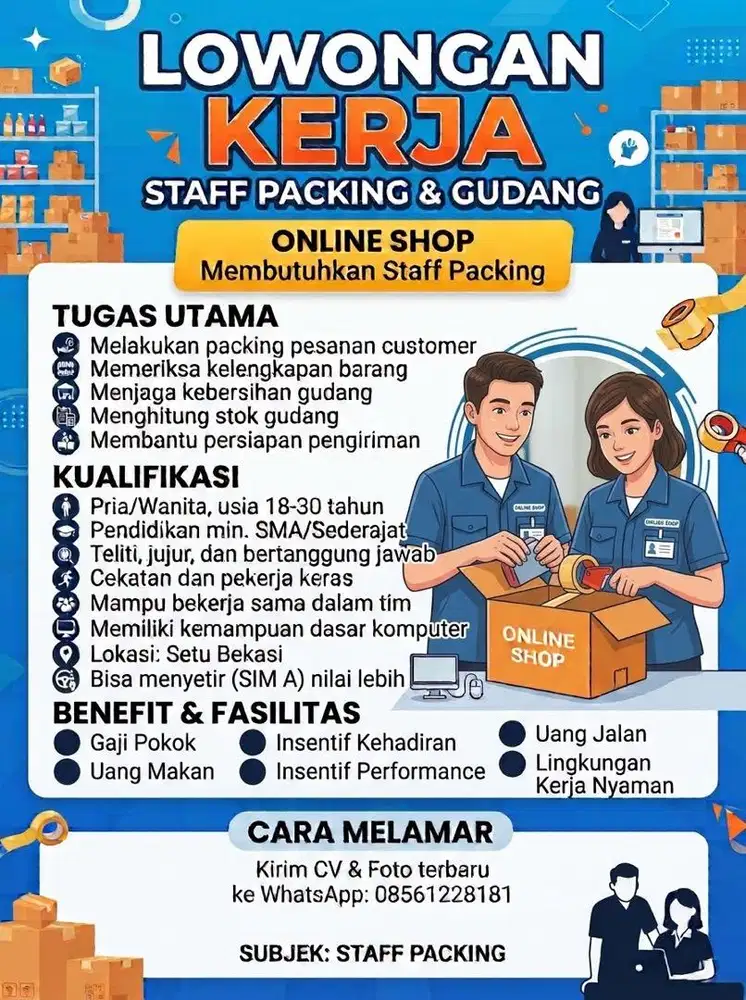 Lowongan kerja laki-laki staff packing online shop