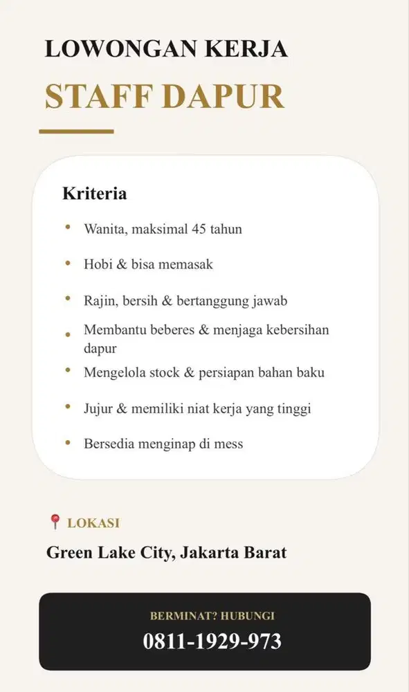 Langsung WA di atas utk Lowongan kerja Juru masak / asisten dapur