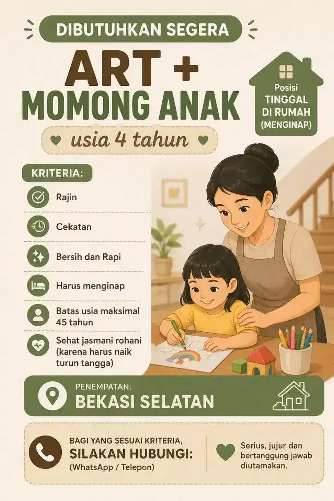 Dicari Asisten Rumah Tangga (Tinggal di Rumah/ Menginap)
